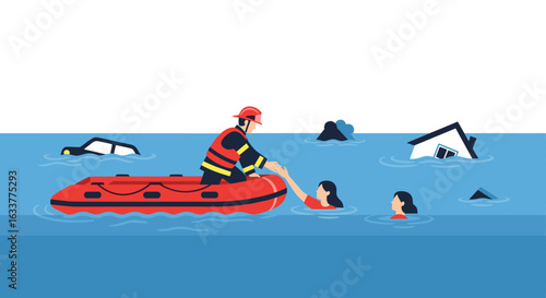 A brave firefighter in a red inflatable boat actively rescues a woman from widespread floodwaters, with submerged homes and vehicles visible.
