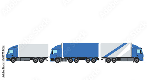Colorful fleet of cargo trucks in minimalist design