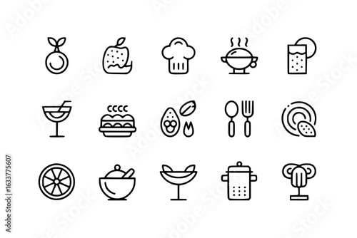 Minimalist vector line icon set of 20 food and drink symbols: fruits, chef hat, hot dish, drinks, desserts, cutlery, bowl. Simple black and white graphic design elements for culinary websites and apps