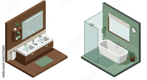 Modern isometric bathroom design with dual sinks and glass shower