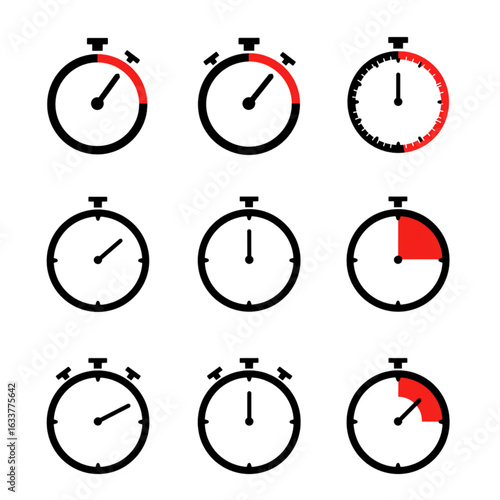 Stopwatch icons showing time increments for project deadlines and task management, modern vector style