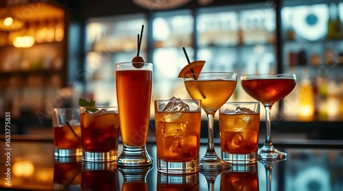Vibrant mixed sodas with ice cubes – rainbow of fizzy drinks in textured glass cups
