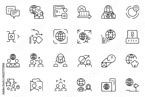 Language translation line icon set featuring globes, speech bubbles, people icons, digital communication symbols, documents, arrows. Vector outline drawings collection - black thin line web design ele