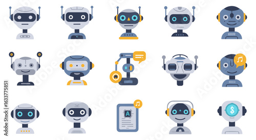 Diverse robot icons set featuring chatbots, drones, and ai in flat style