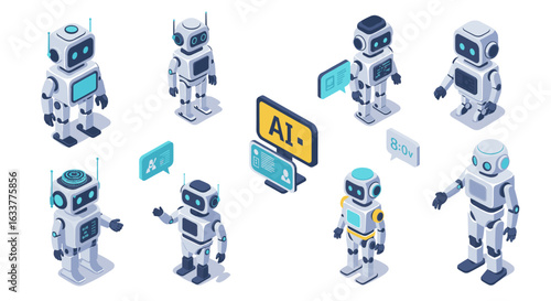 Isometric robots engaging in technology communication and interaction