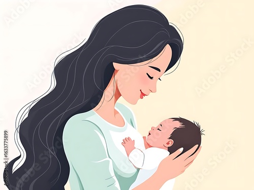Modern vector illustration of a mother breastfeeding her baby with soft colors and minimal style, perfect for health campaigns, parenting blogs, and awareness materials