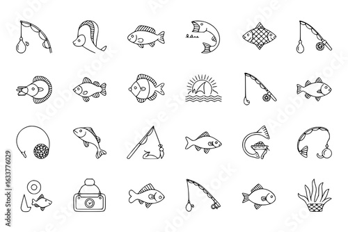 Fishing line icon set with 20 elements. Vector illustration of fish, fishing rods, hooks, bait, tackle box, seaweed, and sunset. Monochrome minimalist design elements for fishing industry, hobby, and 