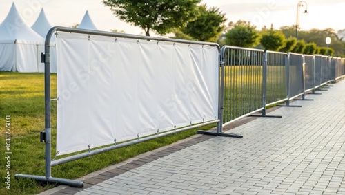 Outdoor metal crowd control barrier with a blank white banner for advertising or information