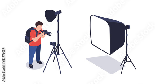 Amateur photographer with camera and lighting equipment in studio setup isometric art