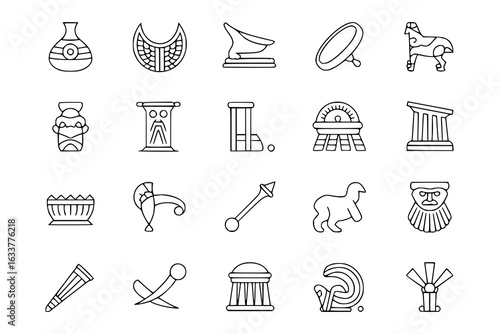 Ancient history icon set: vases, necklace, Trojan horse, weapons, tools, sheep, columns, buildings, mask, artifacts. Minimalist vector illustration collection of historical symbols in thin line style.