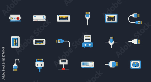 Collection of colorful network cable icons and plugs set on dark background