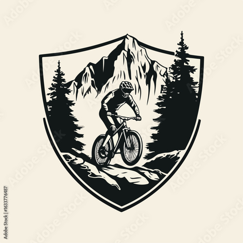 Adventure vector logo of a white man doing downhill cycling across rugged terrain, with pine forest and high mountain backdrop. Shield frame in flat black, white, and yellow. Freeride MTB energy.