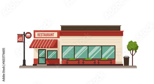 Charming flat design restaurant exterior with streetlamp and tree