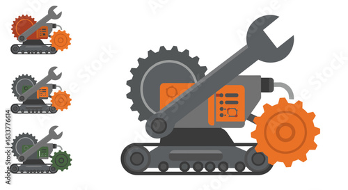 Colorful flat robot construction equipment with wrench and gears