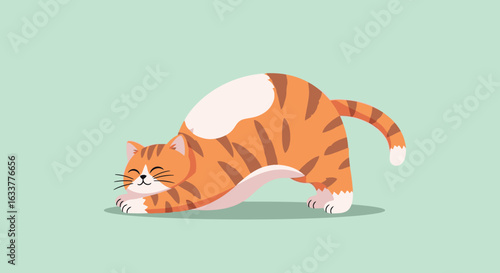 Illustration of an orange tabby cat stretching on a light green background, showcasing a playful and relaxed mood in a flat cartoon style.