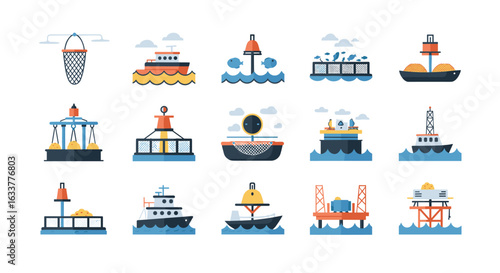 Maritime icons set: flat style illustrations of ships, buoys, platforms, fishing nets