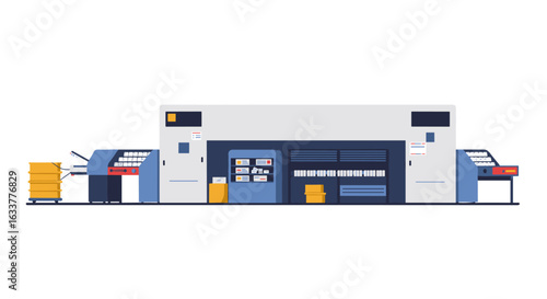Modern printing machine in a flat design with paper stacks and control panels