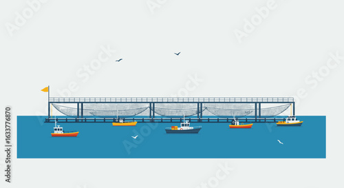 Aquaculture farm with fishing boats and net enclosures on calm sea