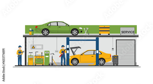 Flat design car repair shop with mechanics and vehicles in action