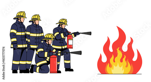 A team of firefighters in protective gear works together to extinguish a vibrant fire with extinguishers, demonstrating teamwork and emergency response.