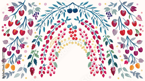 Watercolor arch of cherries currants and grapes with leaves on a light cream colored background