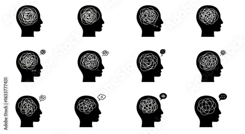 Minimalistic flat vector of a head filled with tangled thoughts, symbolizing overthinking