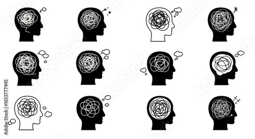 Minimalistic flat vector of a head filled with tangled thoughts, symbolizing overthinking