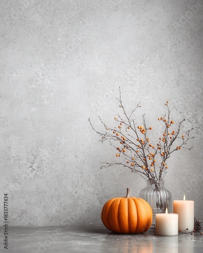 Halloween pumpkin with candles and autumn branches on grey background. Halloween pumpkin with candles and berry branches on light grey background, cozy autumn still life