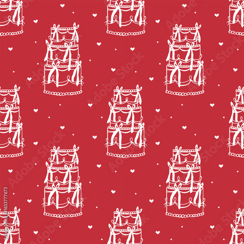 Seamless red pattern with whimsical cake illustration. Hand drawn wedding, birthday, party illustration