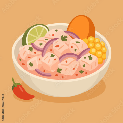 Ceviche illustration in flat modern style with traditional Peruvian ingredients