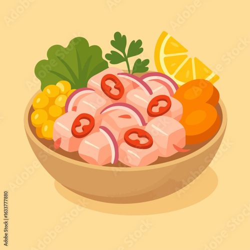 Ceviche illustration in flat modern style with traditional Peruvian ingredients
