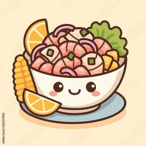 Cute Peruvian ceviche in cartoon style with smiling bowl and colorful ingredients