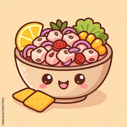 Cute Peruvian ceviche in cartoon style with smiling bowl and colorful ingredients