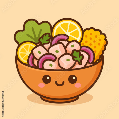 Cute Peruvian ceviche in cartoon style with smiling bowl and colorful ingredients