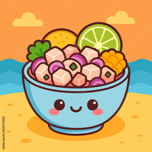 Cute Peruvian ceviche in cartoon style with smiling bowl and colorful ingredients