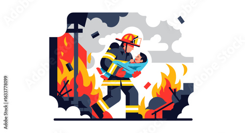 A brave firefighter rescues a child from a burning building, showcasing heroism and the importance of fire safety and emergency response in a dramatic scene.