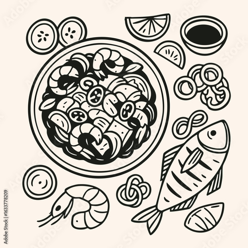 Peruvian ceviche line art with seafood ingredients and cultural elements