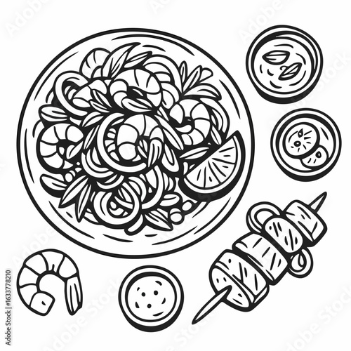 Peruvian ceviche line art with seafood ingredients and cultural elements