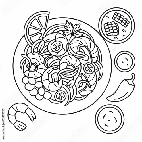 Peruvian ceviche line art with seafood ingredients and cultural elements