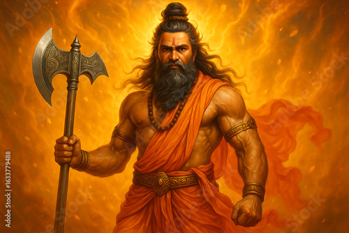 Sage Warrior Parashurama Holding a Battle Axe with a Fiery Radiant Background.