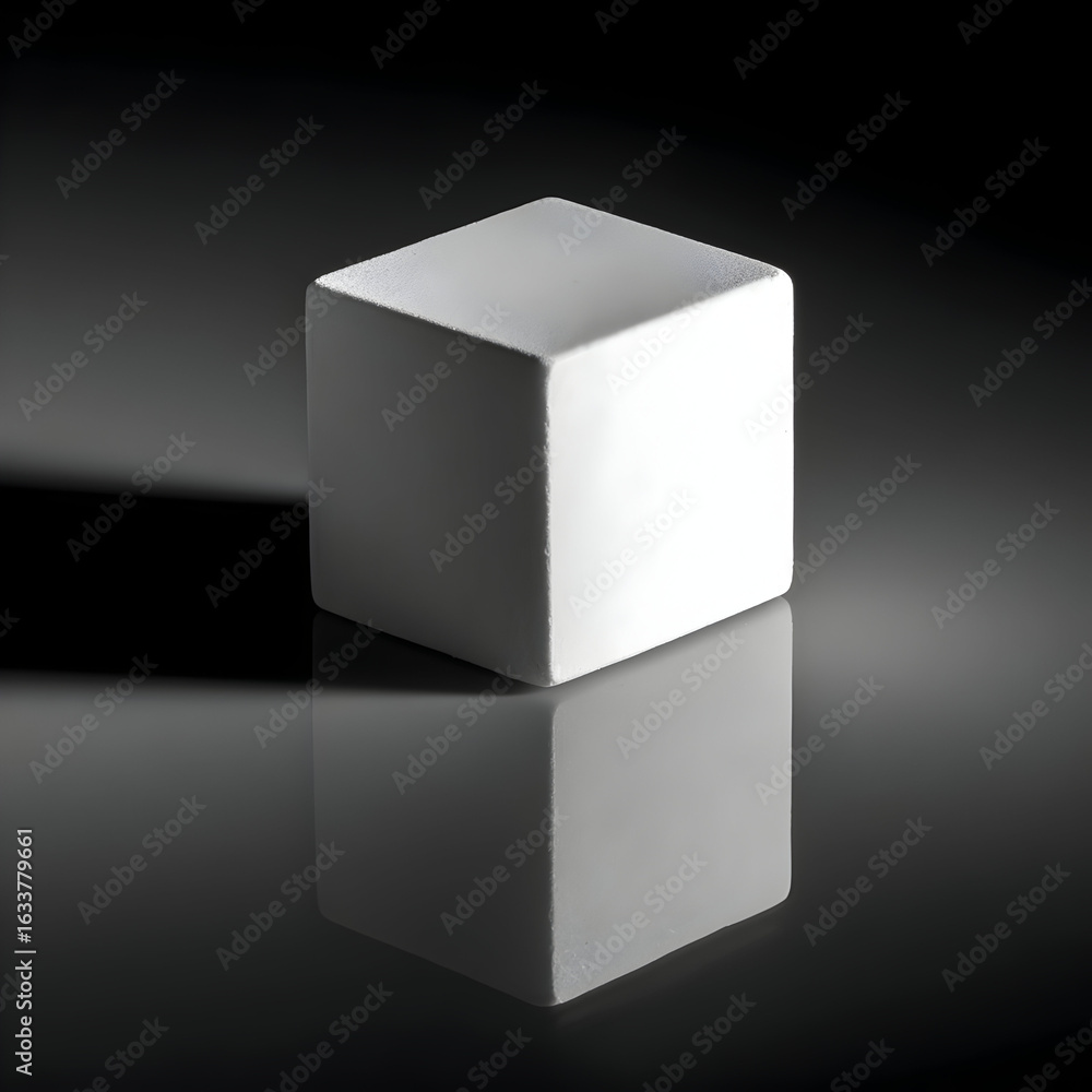 Fototapeta premium Pristine White Cube With Sharp Angles On Reflective Black Surface