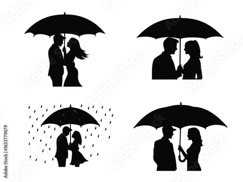 Romantic Couple Under Umbrella in Rain Silhouette