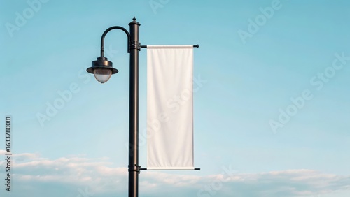 Blank white banner attached to a street lamppost against a clear blue sky with clouds