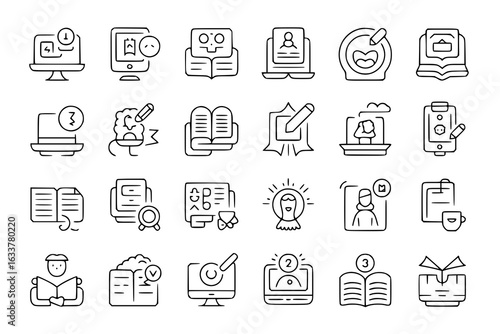 Online education icon set. Monochrome vector illustrations of books, laptops, computers, tablets, pencils, people, numbers, and abstract symbols. Line art drawings representing e-learning, online cour
