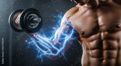 Muscular Man Lifting a Dumbbell with Electric Energy