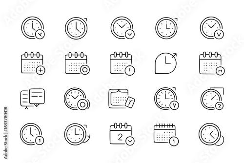 Time management icon collection: Clocks, calendars, schedules. Minimalist vector line art set featuring clocks with checkmarks, rotating arrows, numbers; calendars with plus, minus, letter 'Y', number