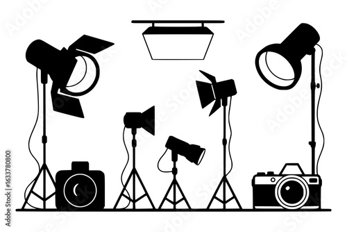 Photography studio equipment icon set: cameras, softboxes, spotlights, strobes, tripods, and lighting gear. Black and white vector illustration of professional photography tools and setup.
