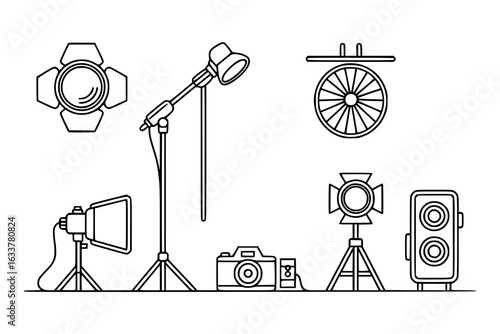 Photography studio equipment icon set: camera, softboxes, spotlights, tripod, reflector, power pack. Minimalist vector illustration collection of photo studio tools. Black line art on white background