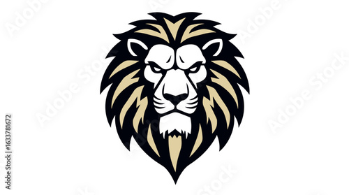 A stylized lion's head with a serious expression, facing forward, with a detailed mane.