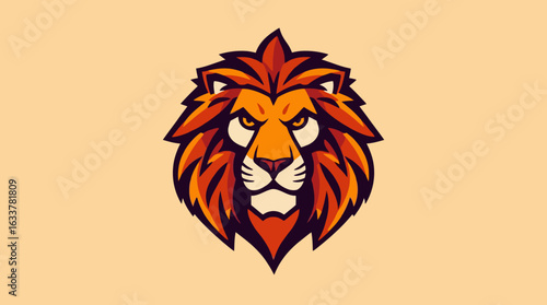 Fierce lion head emblem, stylized orange and red, powerful, majestic, vector art.